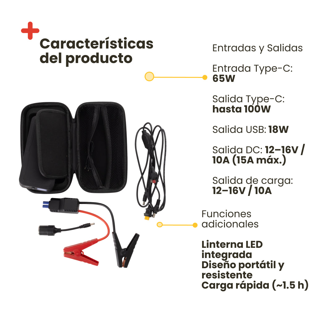Jump Starter Arrancador de Baterías Portátil Inuitz - 1200A para Coche, Moto y Camión con Power Bank 100W, Carga Rápida Type-C y Linterna LED