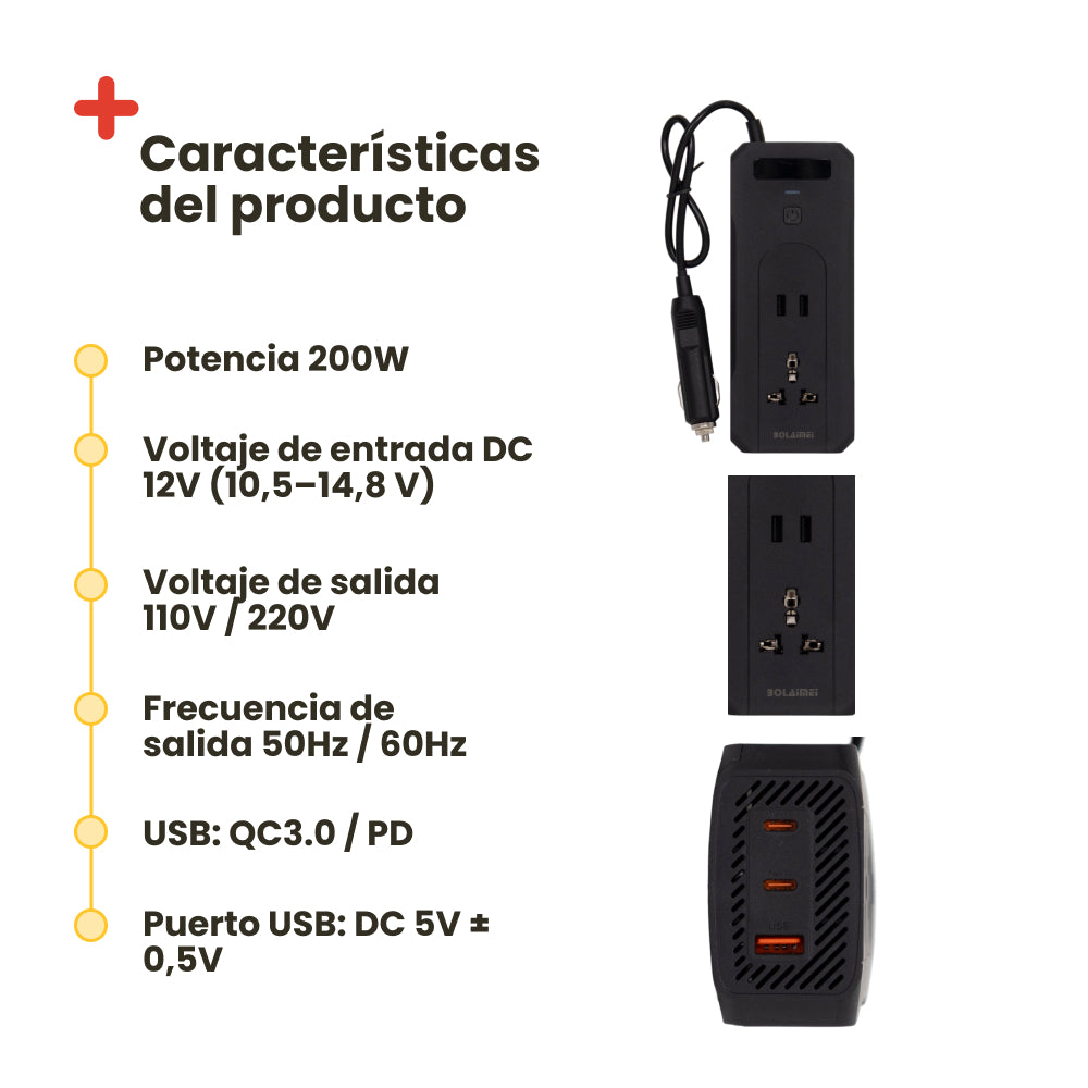 Inversor de Corriente 12V a 220V 200W para Coche Inuitz