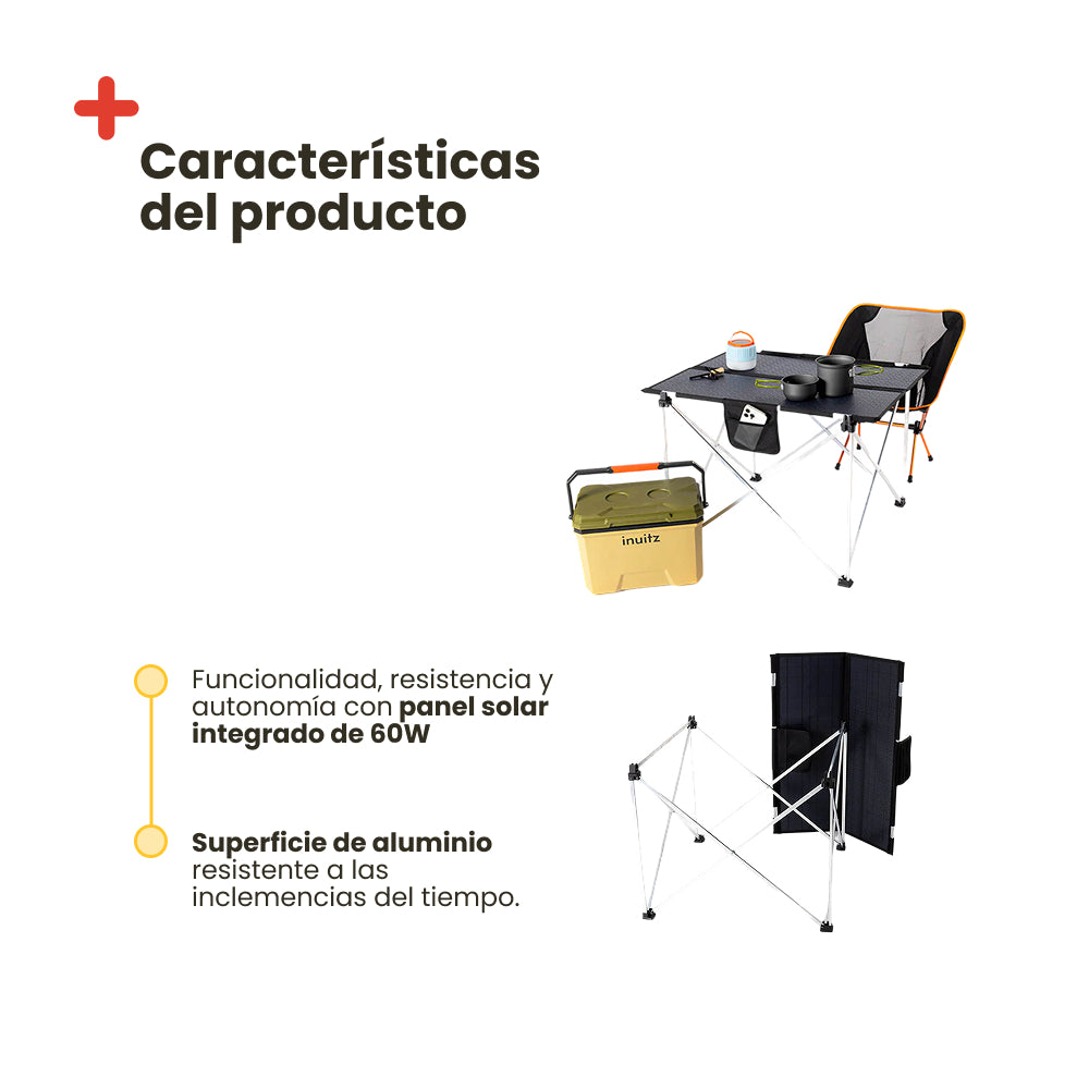 Table pliante portable avec panneau solaire. 60 W