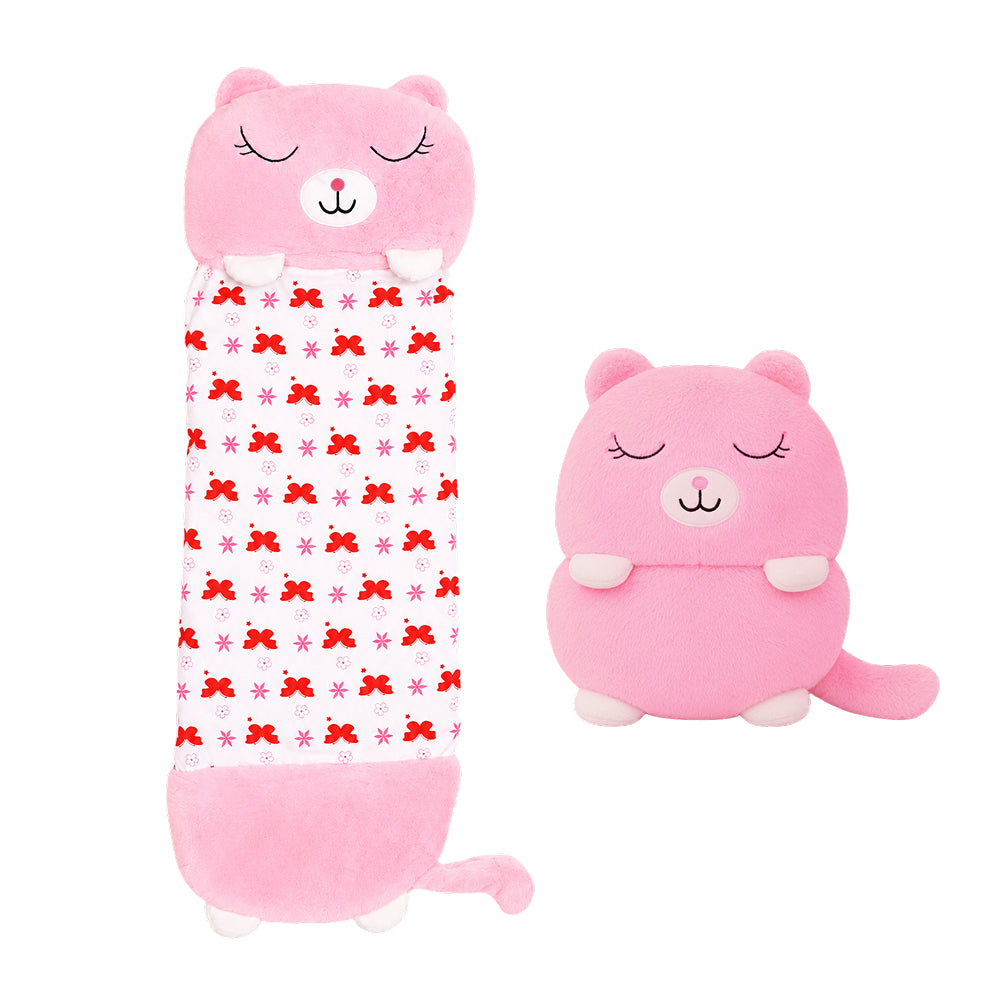 Saco de dormir infantil con diseño de gato rosa y estampado de lazos