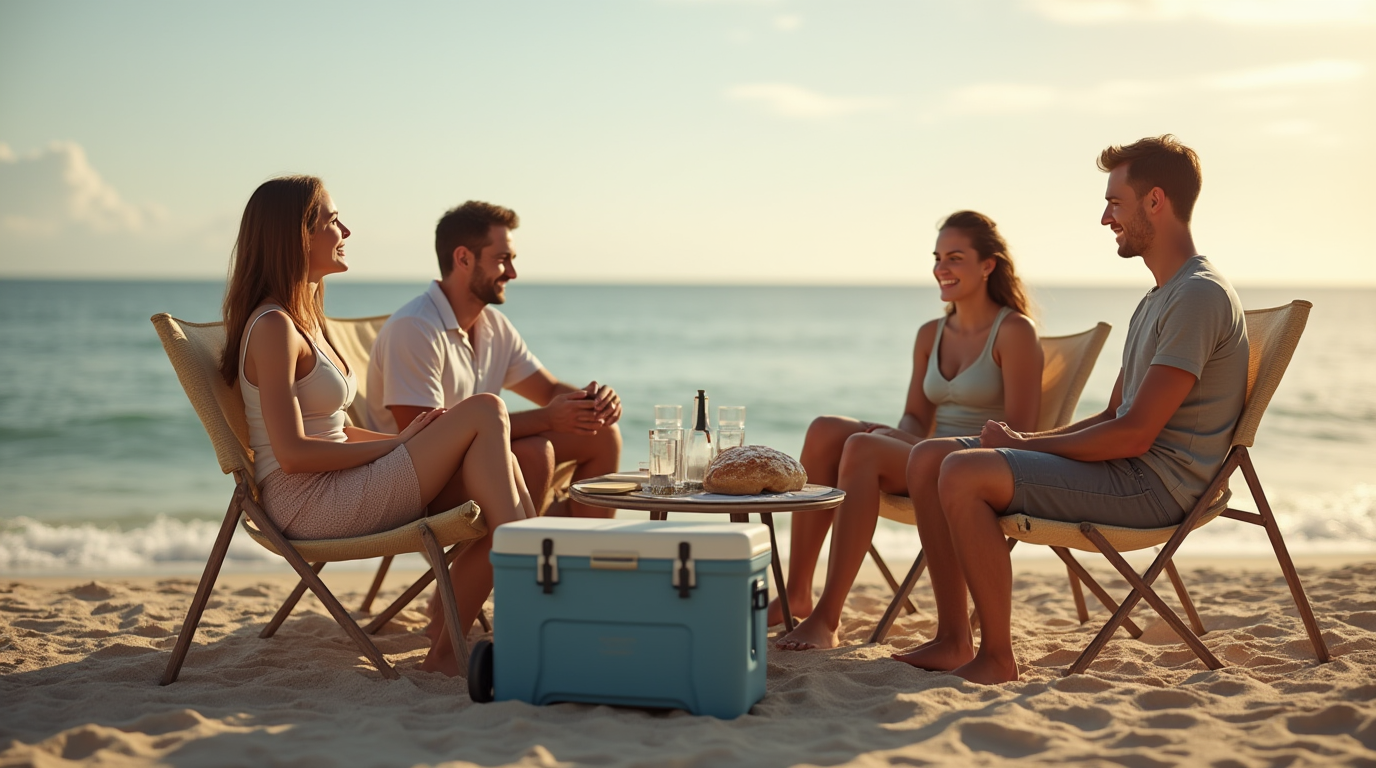 un grupo de amigos en la playa con Neveras Portátiles Rígidas Vs. Neversa de Tela